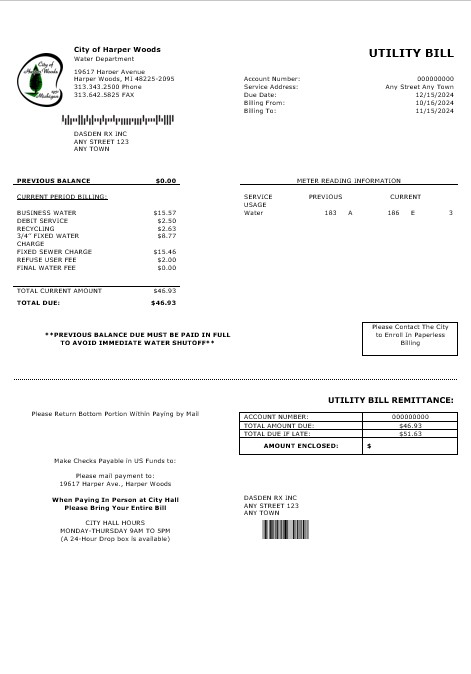 USA CITY OF HARPER WOODS business utility bill Word and PDF template PSD template
